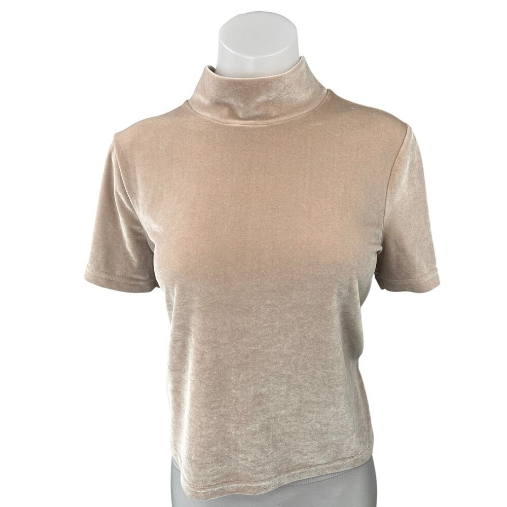 Madewell Beige Velvet Velour Short Sleeve Soft Turtleneck Blouse Top Size M